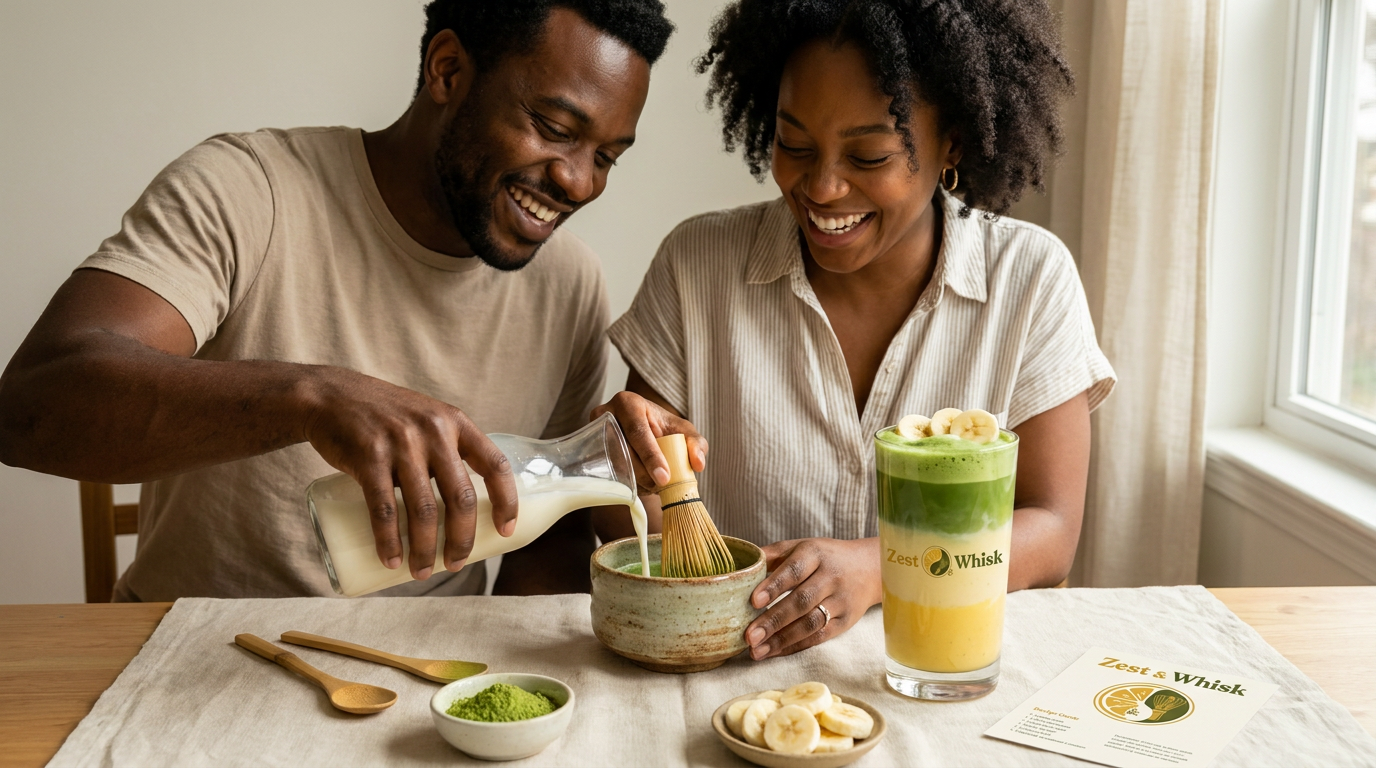 Couple learning to make matcha at a Zest & Whisk matcha-making class