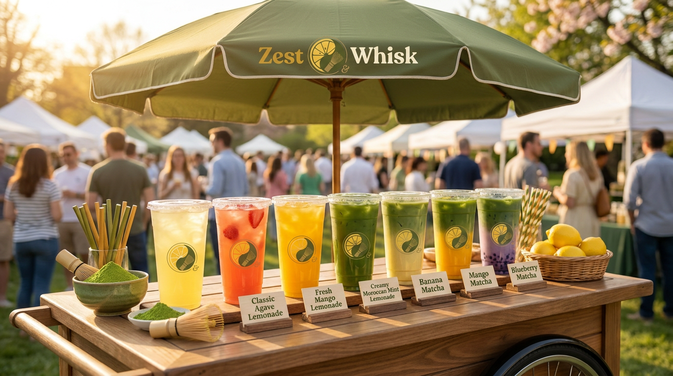 Zest & Whisk mobile cart at a sunny outdoor market with all six drinks lined up